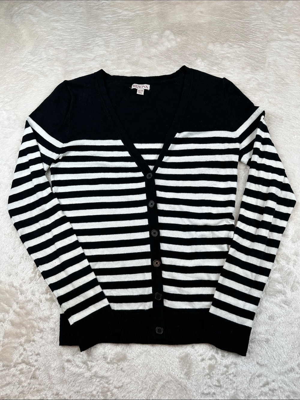 Merona Size XS Black and White Striped V-Neck Button-Up Cardigan | Casual
